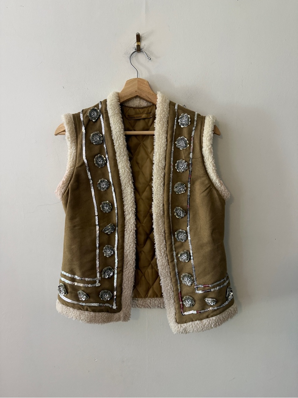Beau Bois Quilted Tan Vest with Cream Sherpa Trim